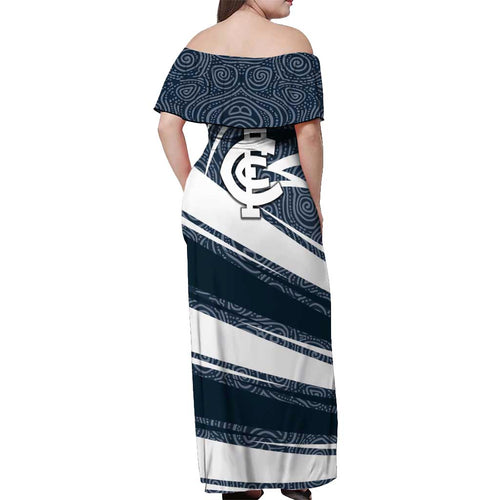 Carlton Blues Australian Football Off Shoulder Maxi Dress Superhero Mascot With Indigenous Pattern Art