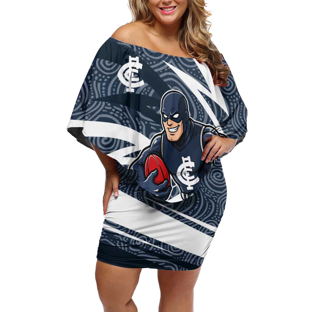 Carlton Blues Australian Football Off Shoulder Short Dress Superhero Mascot With Indigenous Pattern Art