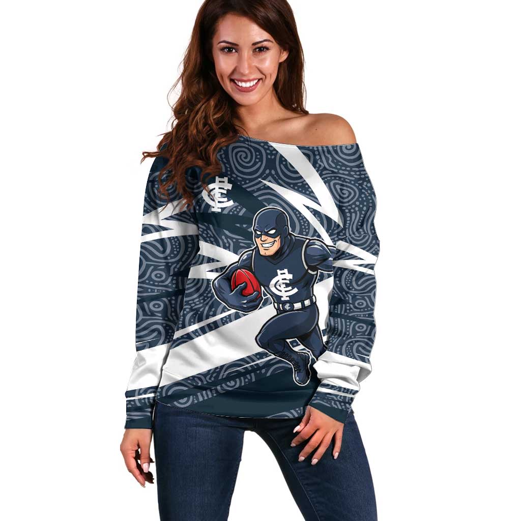 Carlton Blues Australian Football Off Shoulder Sweater Superhero Mascot With Indigenous Pattern Art