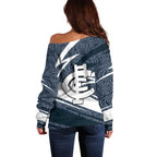 Carlton Blues Australian Football Off Shoulder Sweater Superhero Mascot With Indigenous Pattern Art