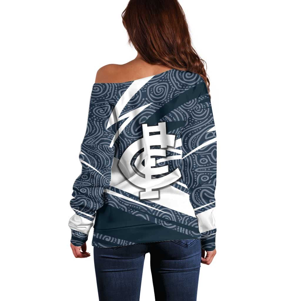 Carlton Blues Australian Football Off Shoulder Sweater Superhero Mascot With Indigenous Pattern Art