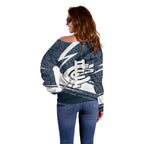 Carlton Blues Australian Football Off Shoulder Sweater Superhero Mascot With Indigenous Pattern Art