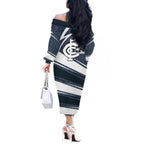 Carlton Blues Australian Football Off The Shoulder Long Sleeve Dress Superhero Mascot With Indigenous Pattern Art