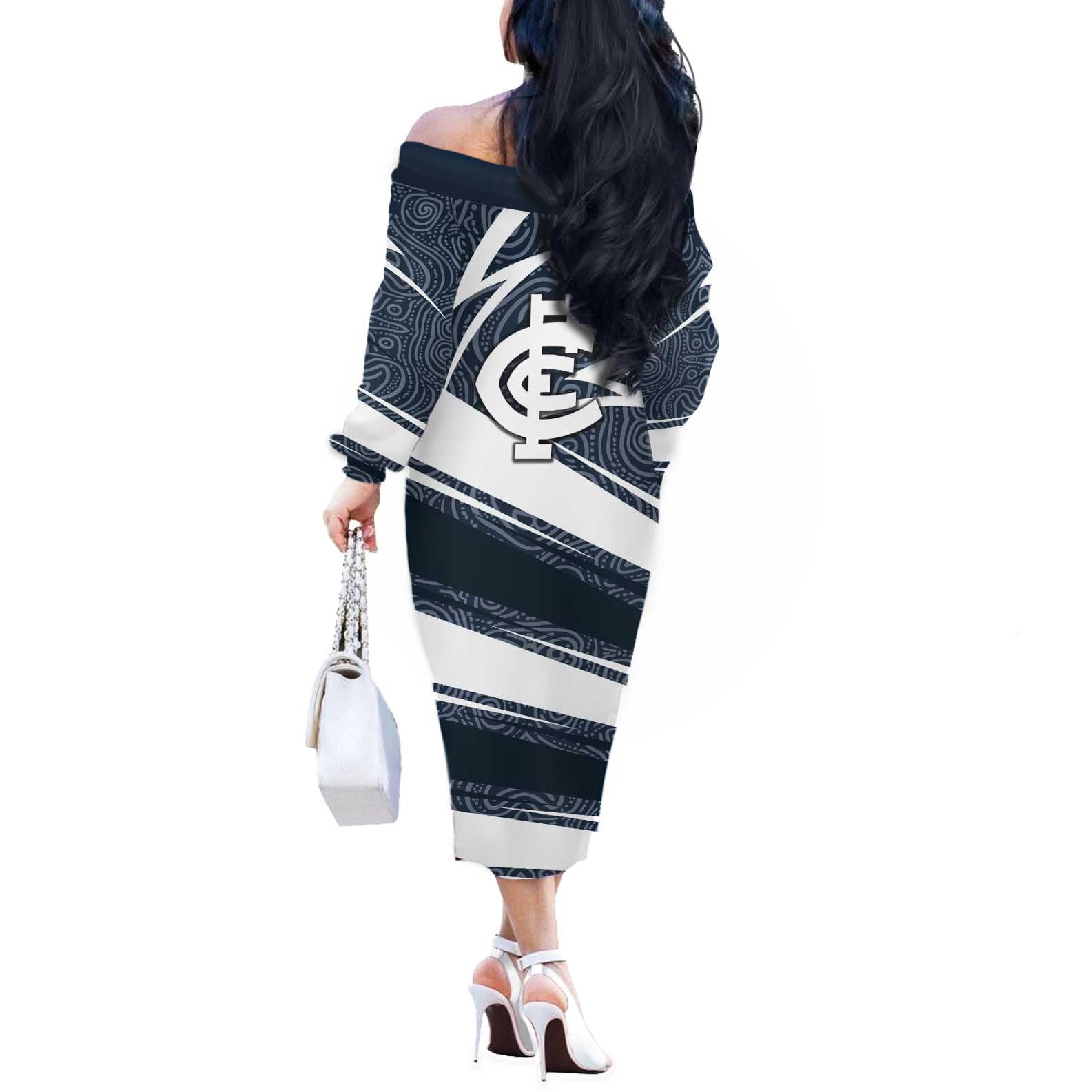 Carlton Blues Australian Football Off The Shoulder Long Sleeve Dress Superhero Mascot With Indigenous Pattern Art