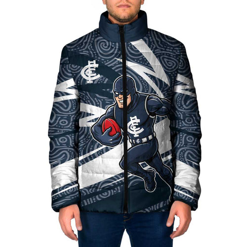 Carlton Blues Australian Football Padded Jacket Superhero Mascot With Indigenous Pattern Art