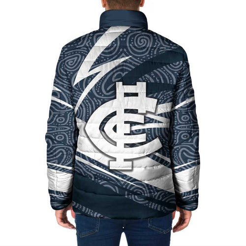 Carlton Blues Australian Football Padded Jacket Superhero Mascot With Indigenous Pattern Art