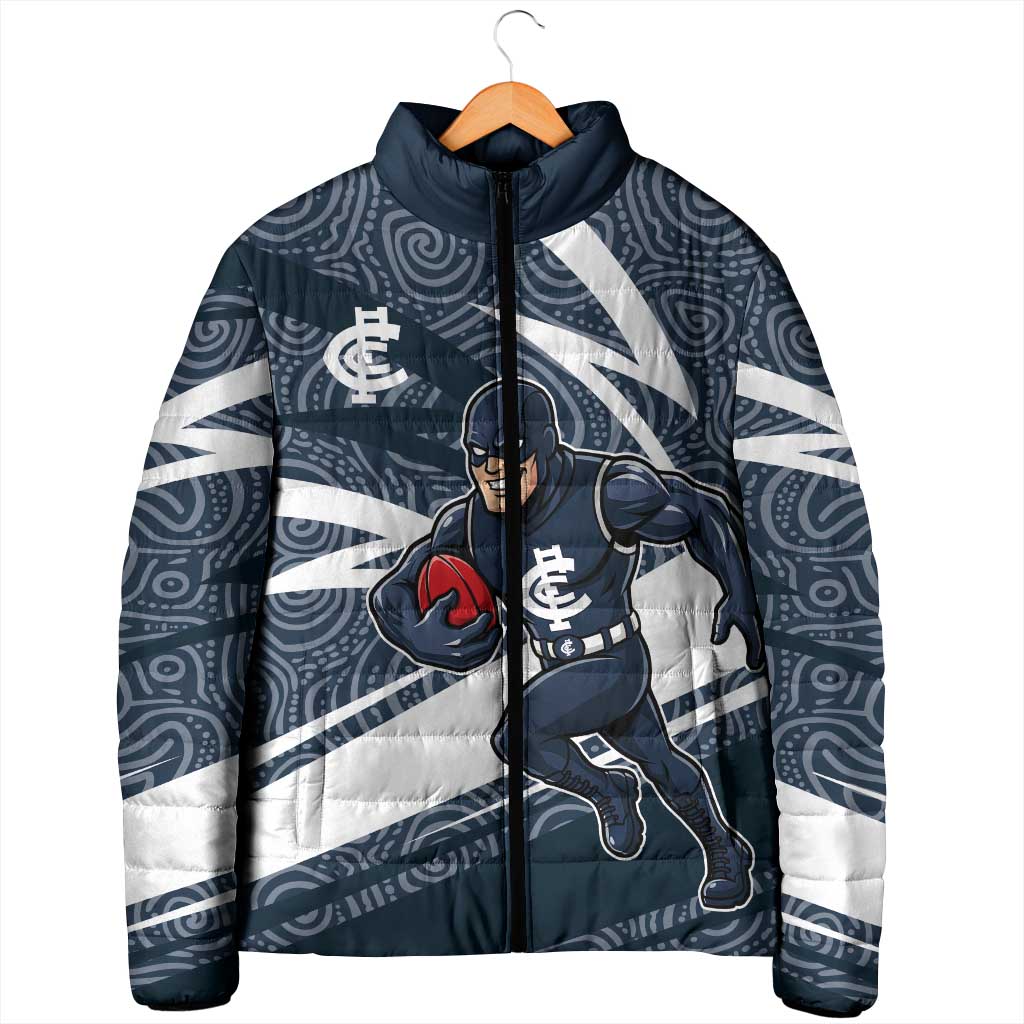 Carlton Blues Australian Football Padded Jacket Superhero Mascot With Indigenous Pattern Art