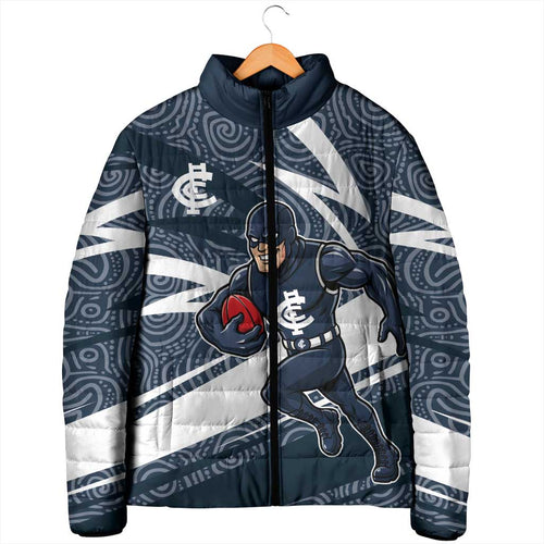 Carlton Blues Australian Football Padded Jacket Superhero Mascot With Indigenous Pattern Art