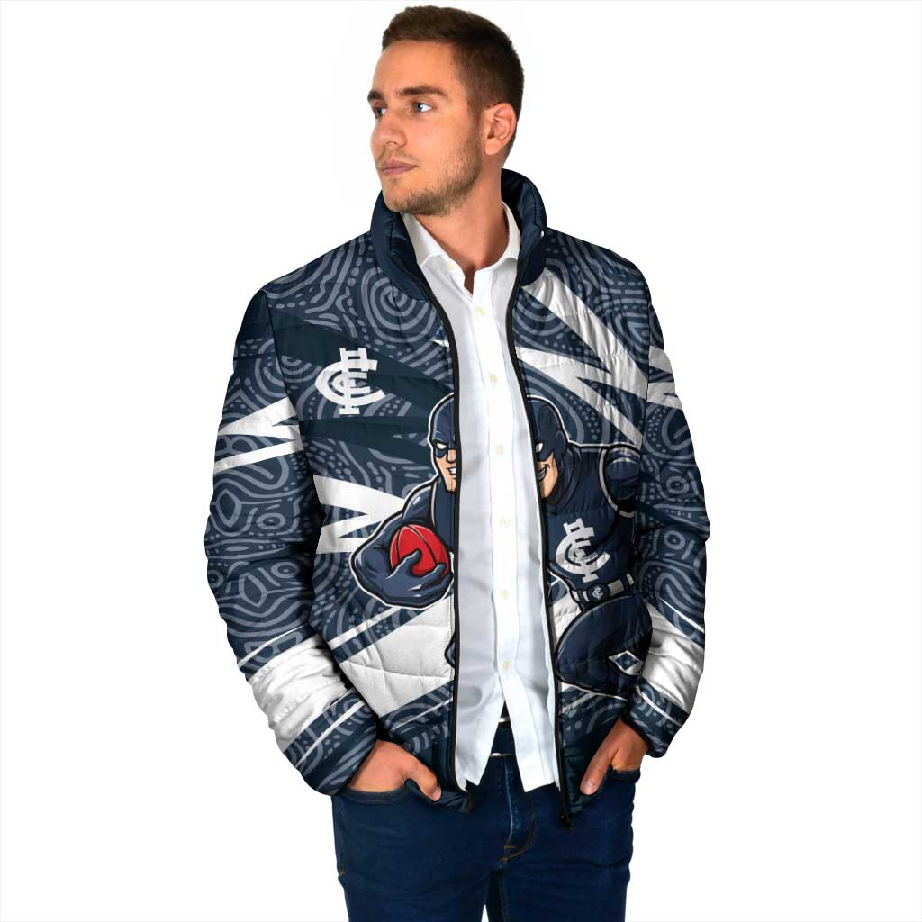 Carlton Blues Australian Football Padded Jacket Superhero Mascot With Indigenous Pattern Art