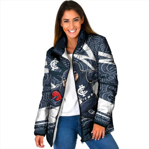 Carlton Blues Australian Football Padded Jacket Superhero Mascot With Indigenous Pattern Art