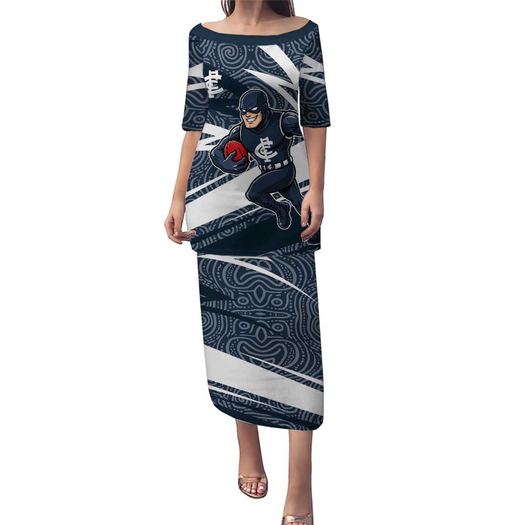 Carlton Blues Australian Football Puletasi Superhero Mascot With Indigenous Pattern Art