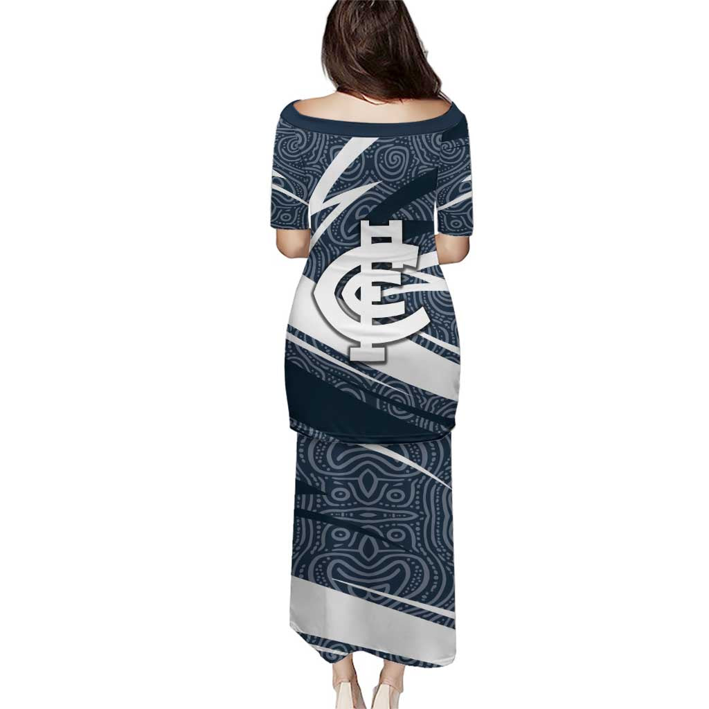 Carlton Blues Australian Football Puletasi Superhero Mascot With Indigenous Pattern Art