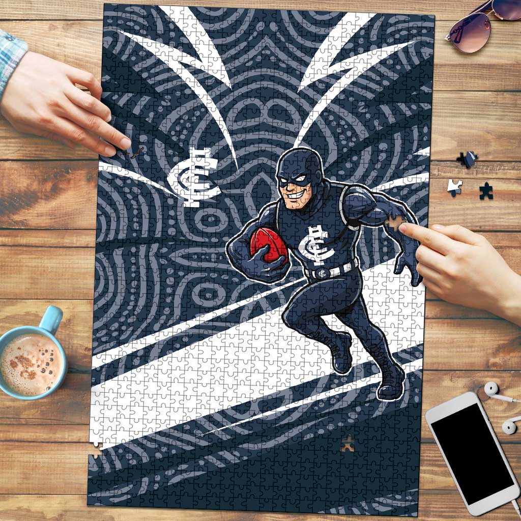 Carlton Blues Australian Football Puzzle Superhero Mascot With Indigenous Pattern Art