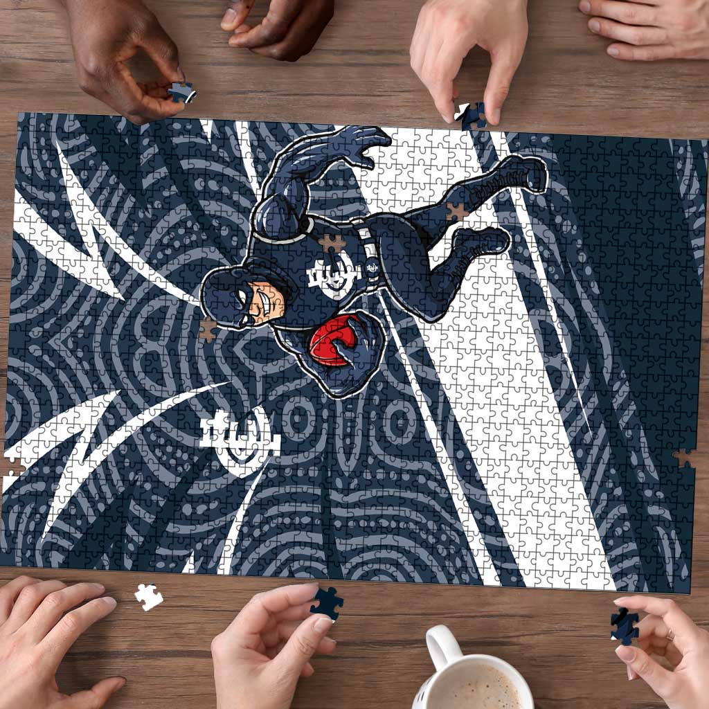 Carlton Blues Australian Football Puzzle Superhero Mascot With Indigenous Pattern Art