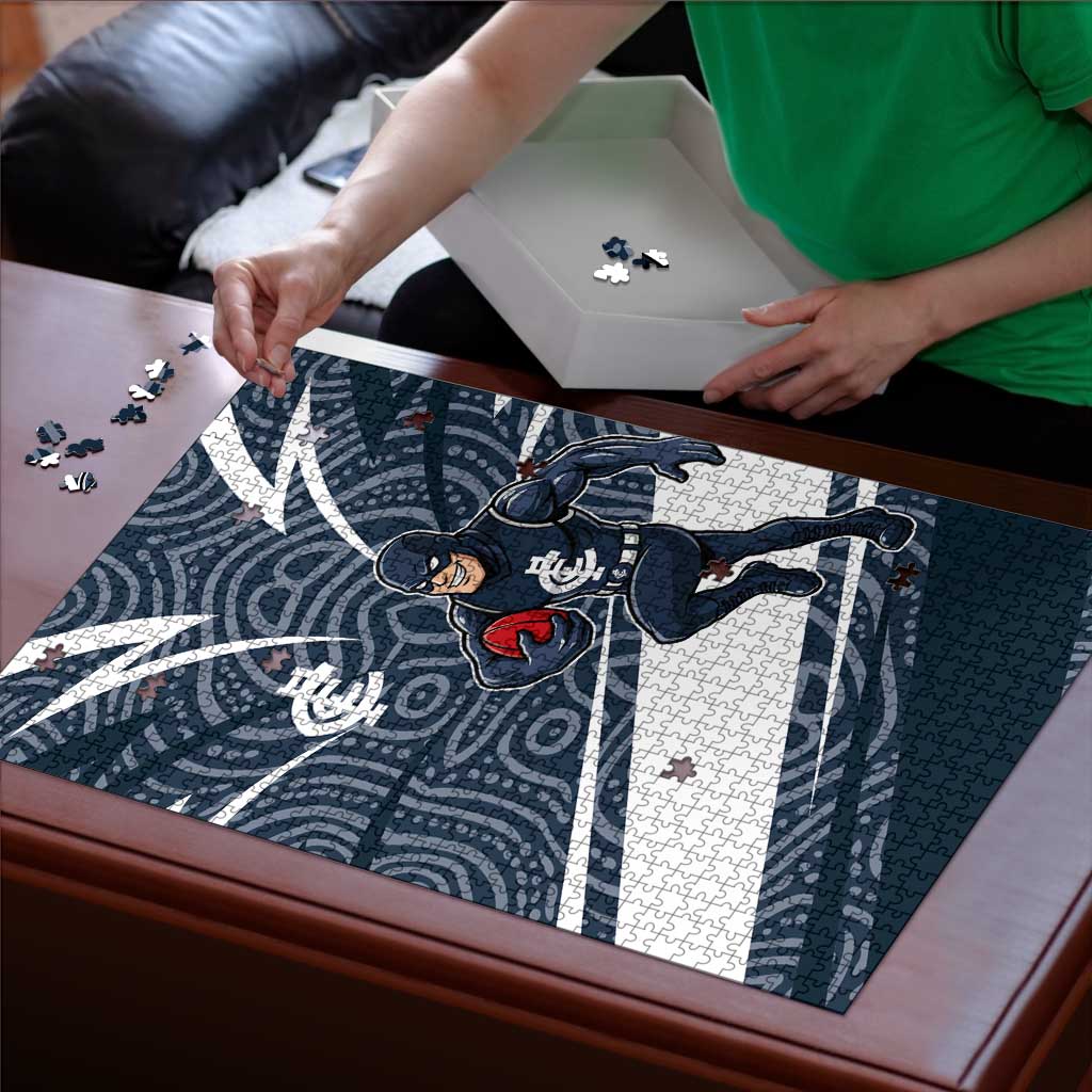 Carlton Blues Australian Football Puzzle Superhero Mascot With Indigenous Pattern Art