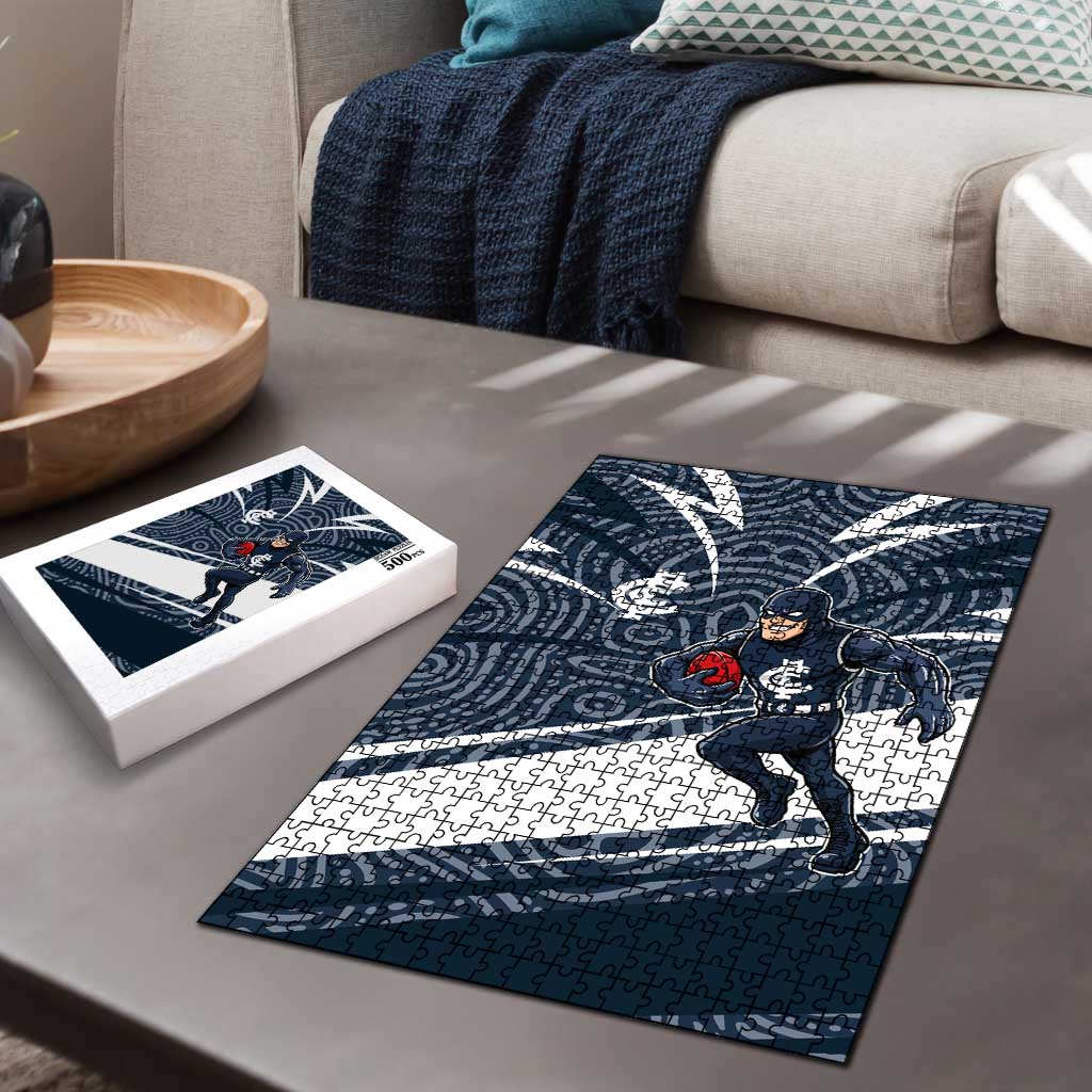 Carlton Blues Australian Football Puzzle Superhero Mascot With Indigenous Pattern Art