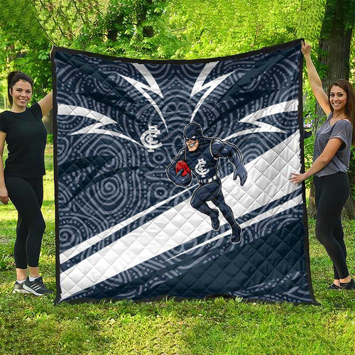 Carlton Blues Australian Football Quilt Superhero Mascot With Indigenous Pattern Art