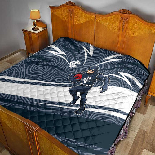 Carlton Blues Australian Football Quilt Superhero Mascot With Indigenous Pattern Art