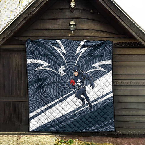 Carlton Blues Australian Football Quilt Superhero Mascot With Indigenous Pattern Art