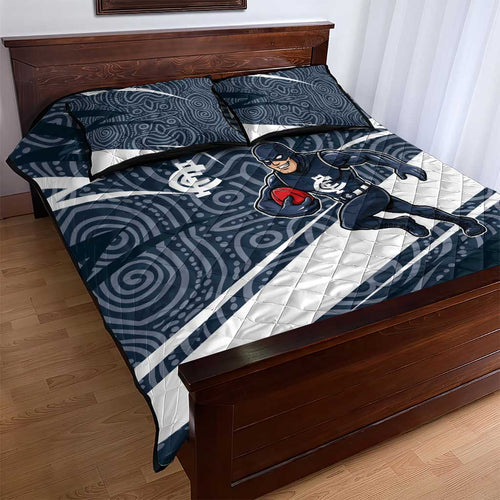 Carlton Blues Australian Football Quilt Bed Set Superhero Mascot With Indigenous Pattern Art