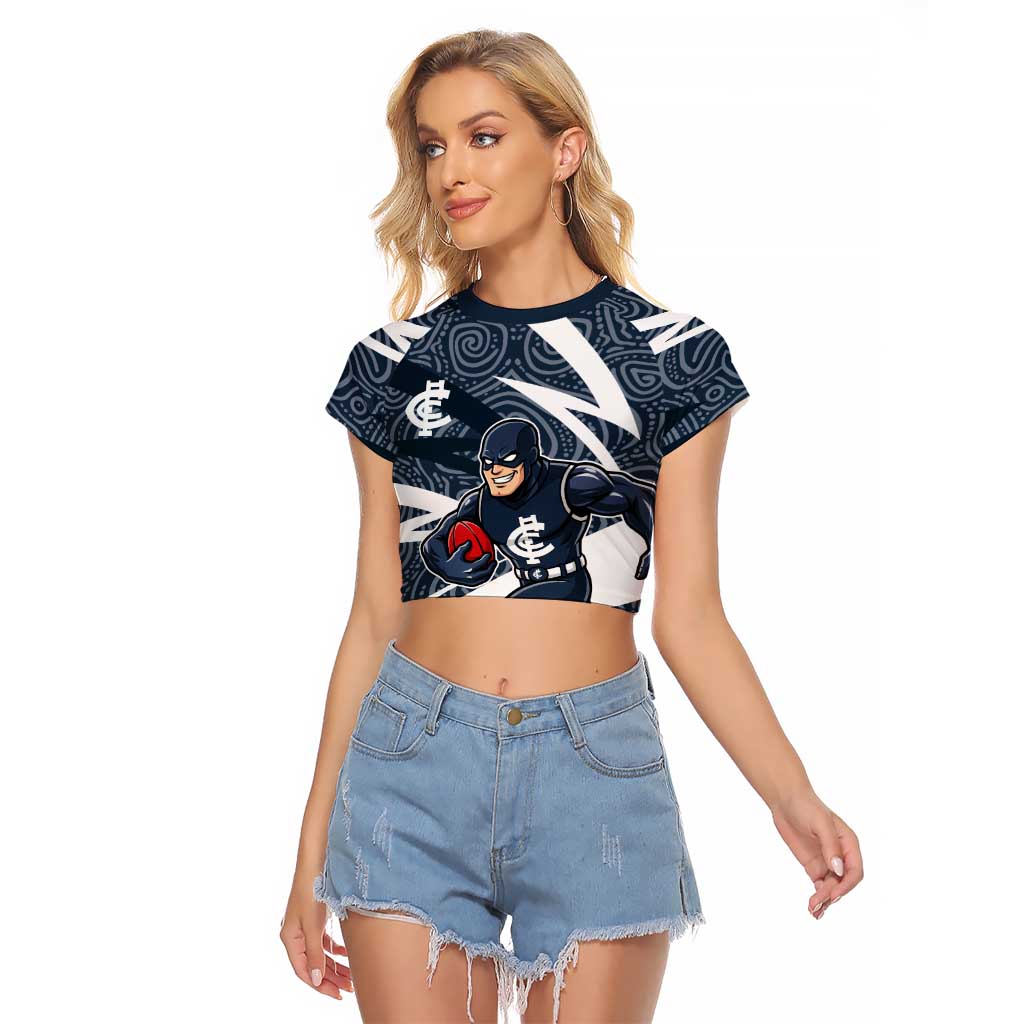 Carlton Blues Australian Football Raglan Cropped T Shirt Superhero Mascot With Indigenous Pattern Art