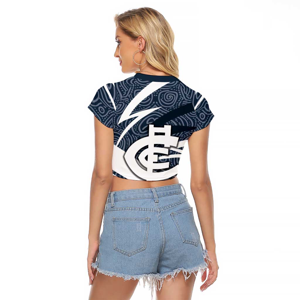 Carlton Blues Australian Football Raglan Cropped T Shirt Superhero Mascot With Indigenous Pattern Art