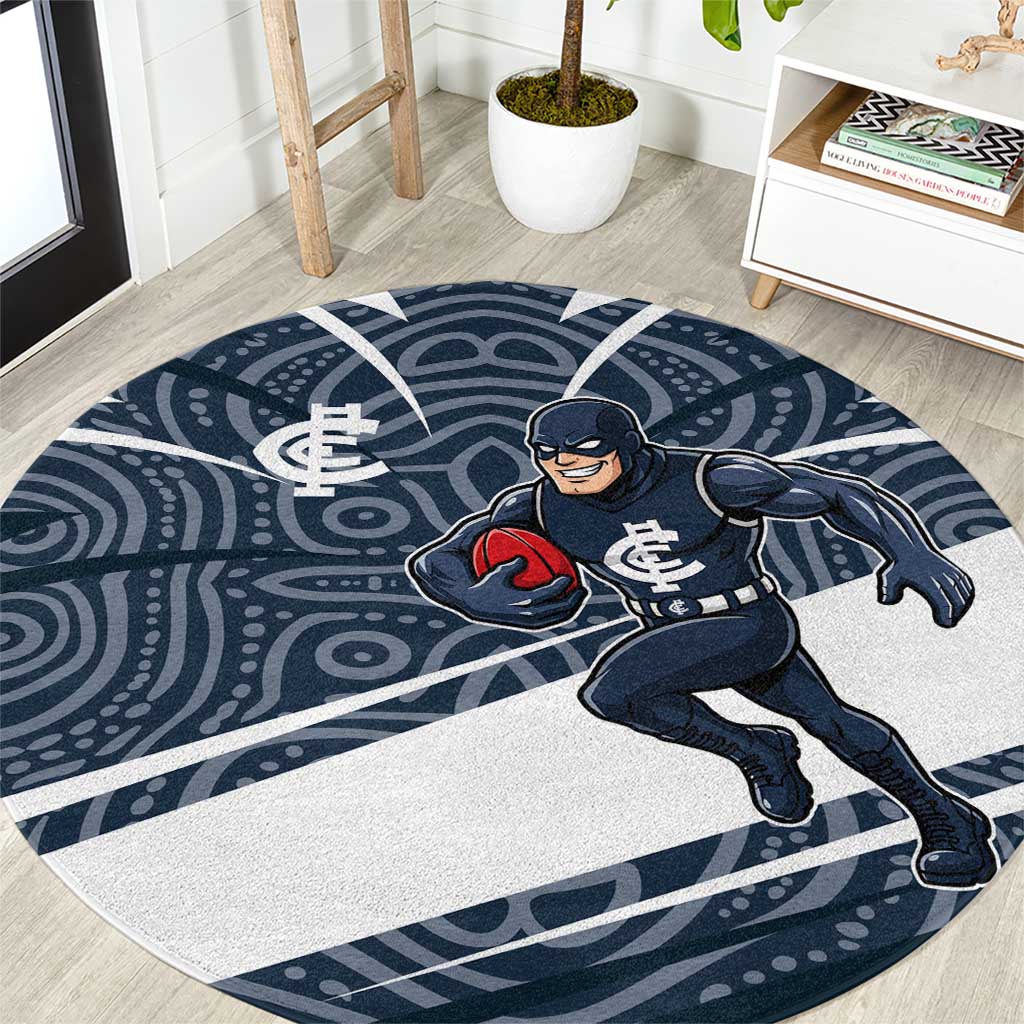 Carlton Blues Australian Football Round Carpet Superhero Mascot With Indigenous Pattern Art