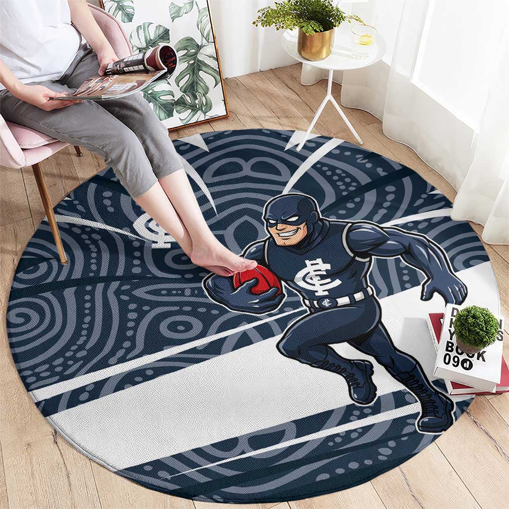 Carlton Blues Australian Football Round Carpet Superhero Mascot With Indigenous Pattern Art