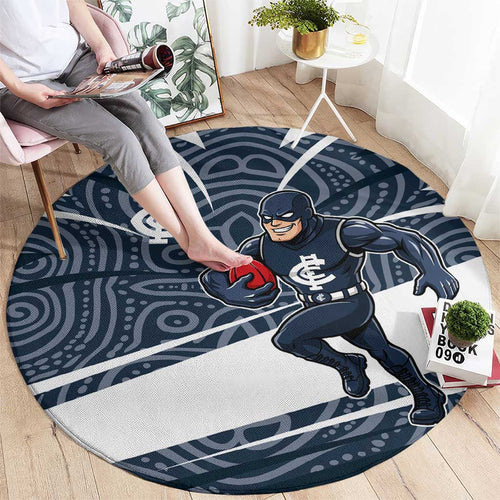 Carlton Blues Australian Football Round Carpet Superhero Mascot With Indigenous Pattern Art