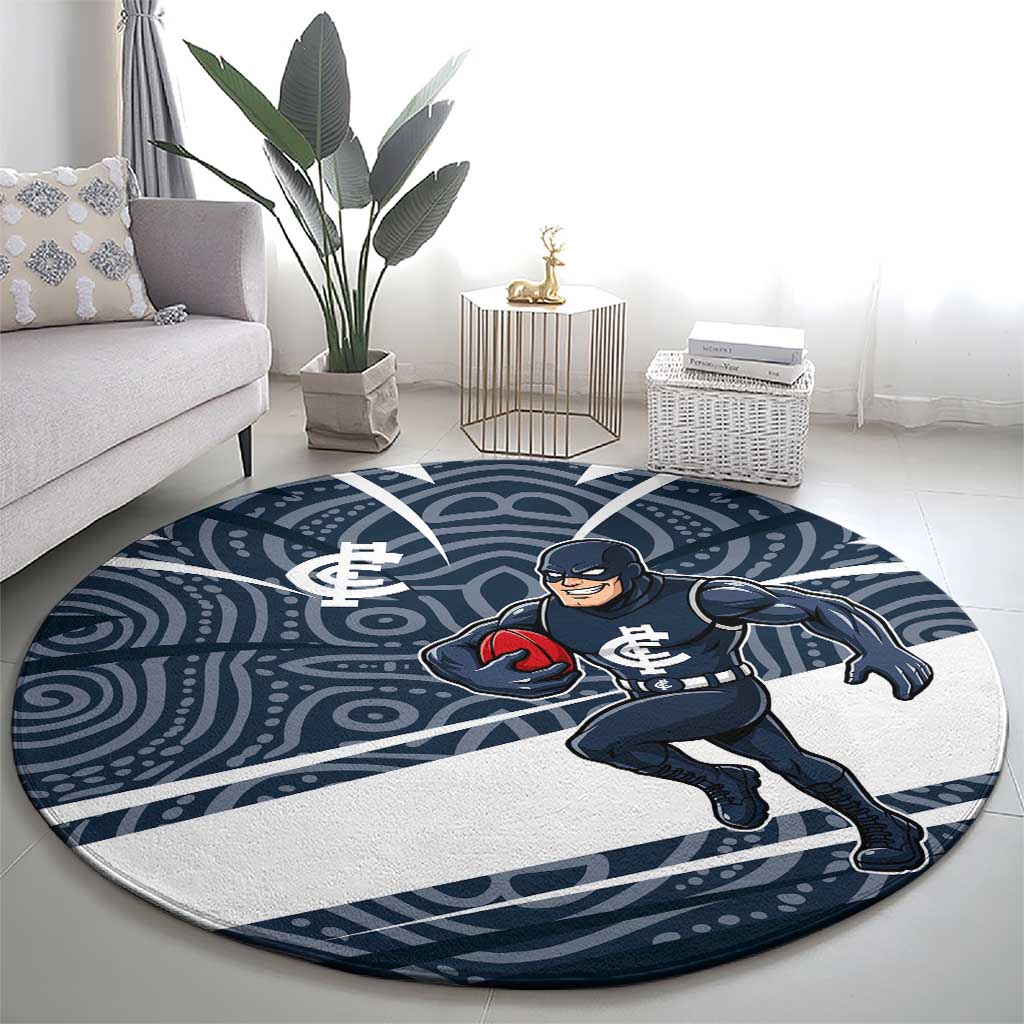 Carlton Blues Australian Football Round Carpet Superhero Mascot With Indigenous Pattern Art