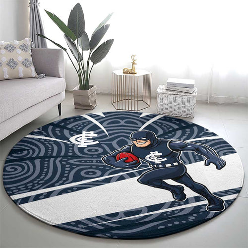 Carlton Blues Australian Football Round Carpet Superhero Mascot With Indigenous Pattern Art