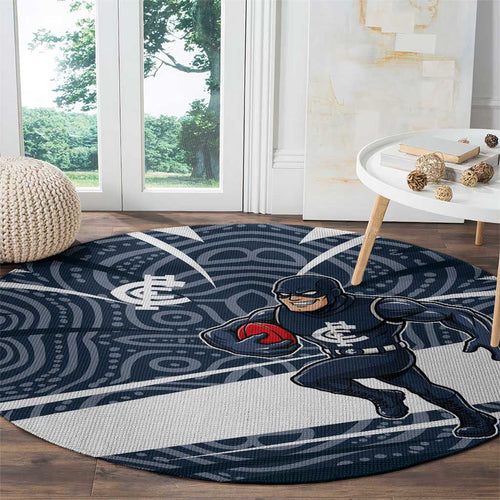 Carlton Blues Australian Football Round Carpet Superhero Mascot With Indigenous Pattern Art