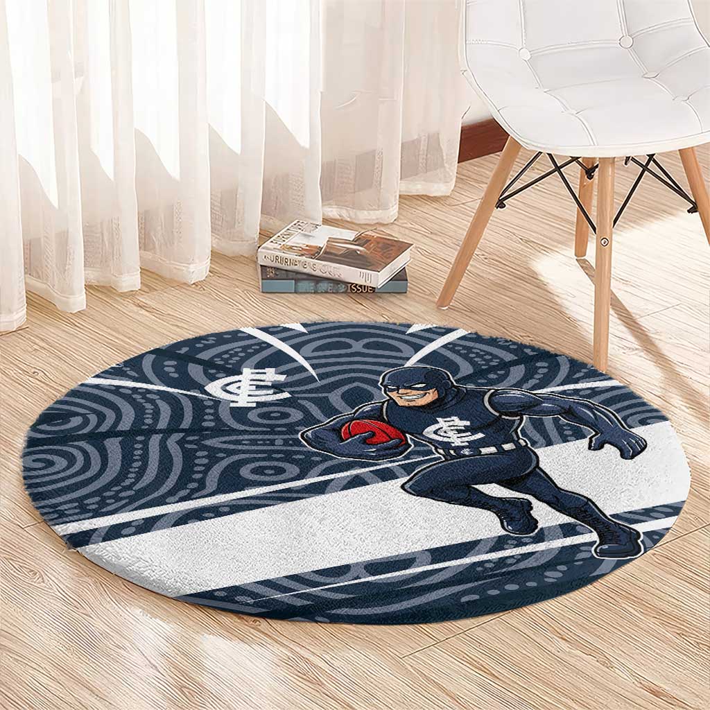 Carlton Blues Australian Football Round Carpet Superhero Mascot With Indigenous Pattern Art