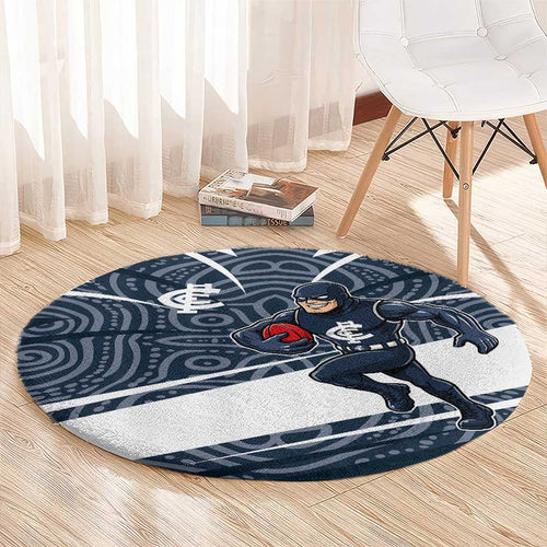Carlton Blues Australian Football Round Carpet Superhero Mascot With Indigenous Pattern Art
