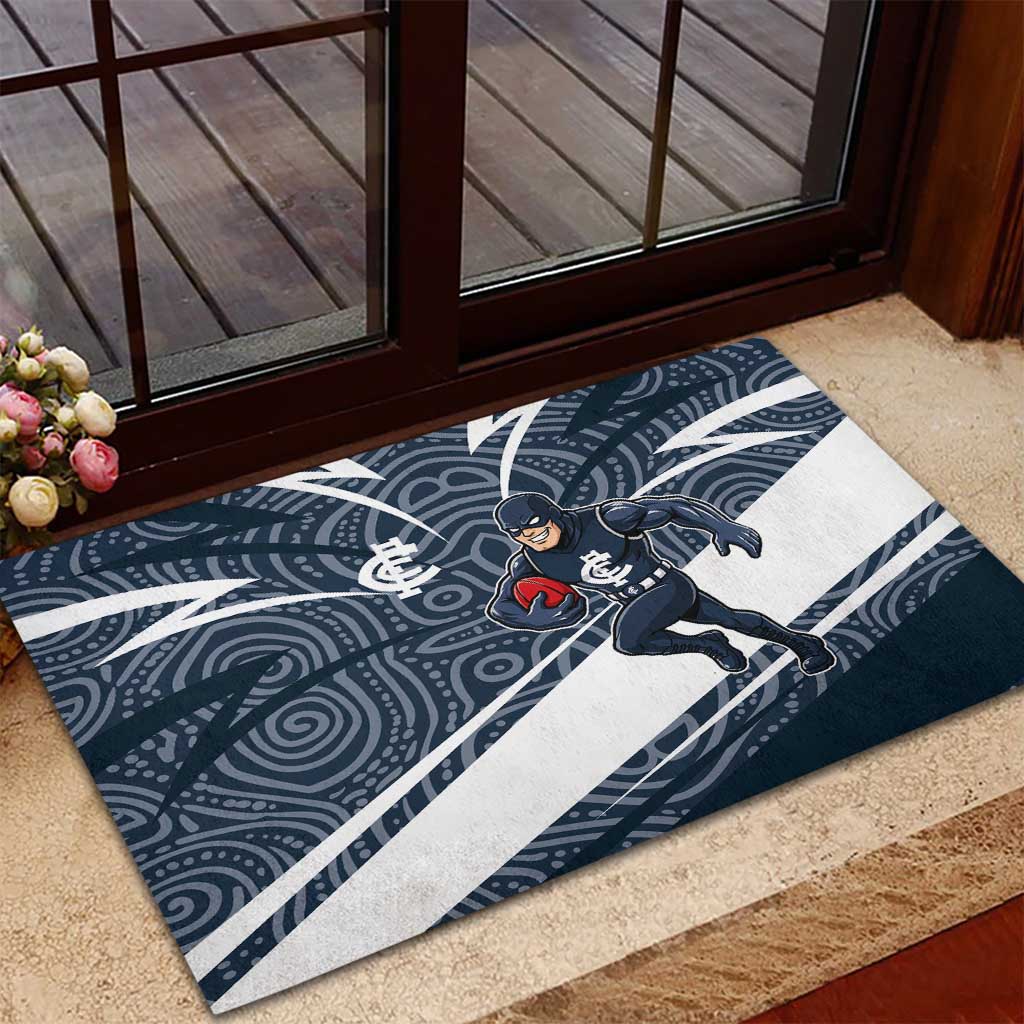 Carlton Blues Australian Football Rubber Doormat Superhero Mascot With Indigenous Pattern Art