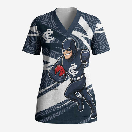 Carlton Blues Australian Football Scrub Top Superhero Mascot With Indigenous Pattern Art