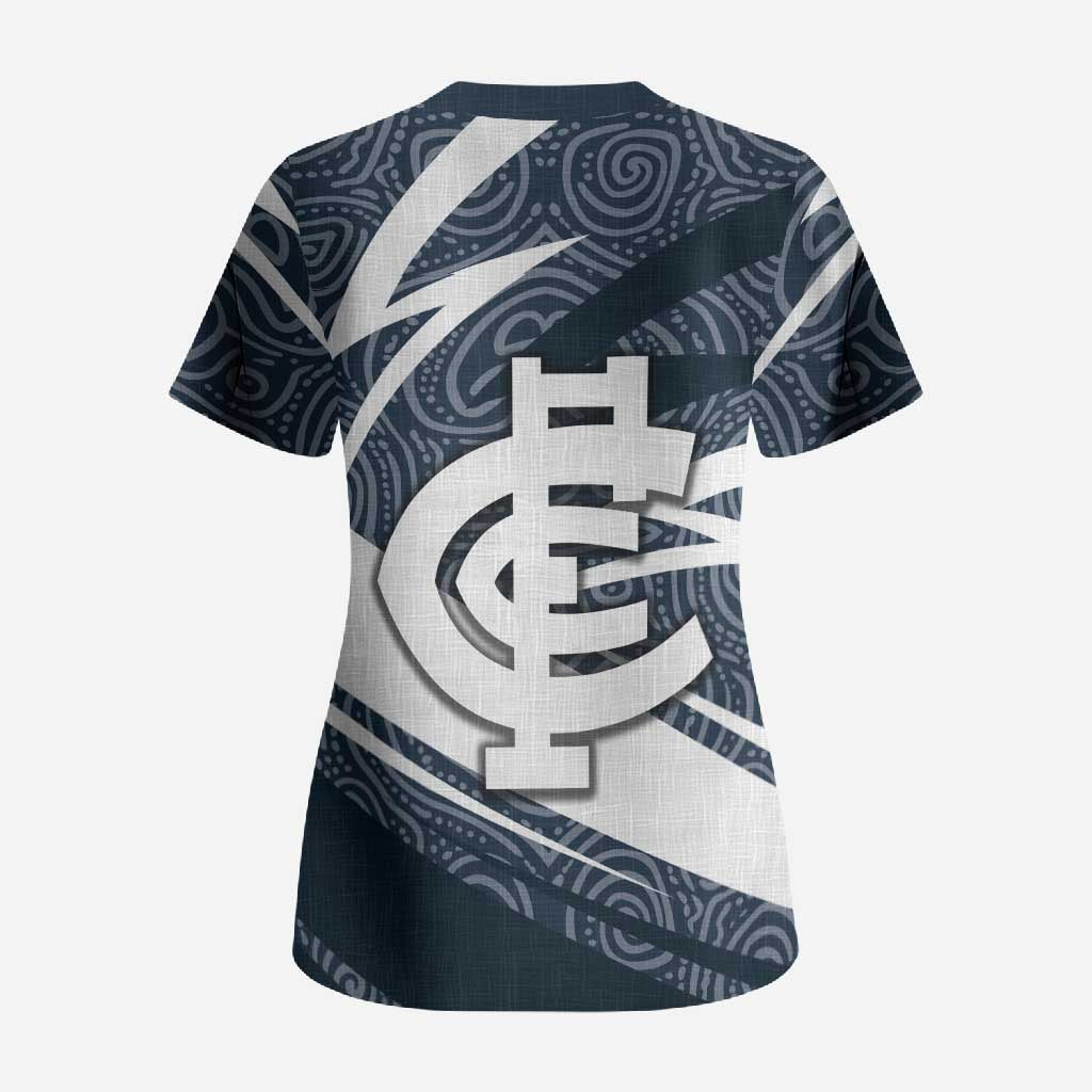 Carlton Blues Australian Football Scrub Top Superhero Mascot With Indigenous Pattern Art
