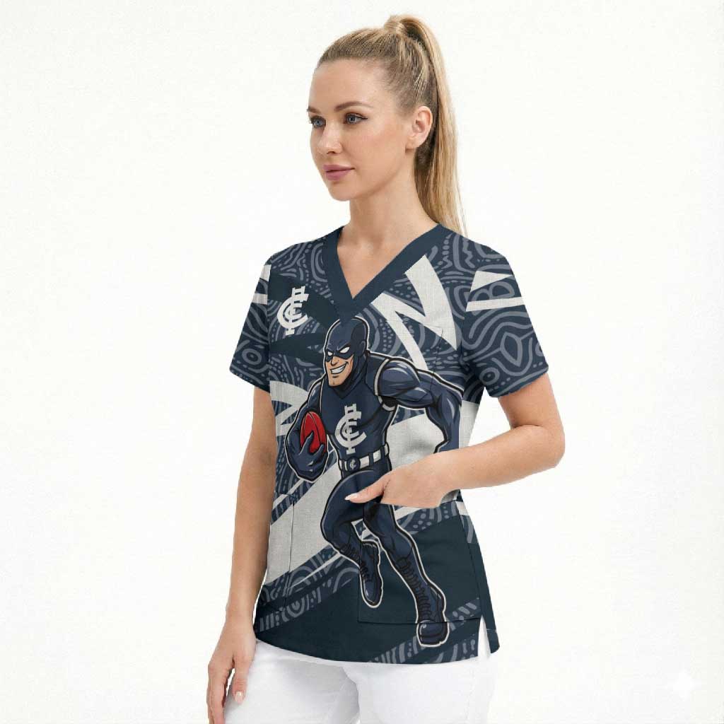 Carlton Blues Australian Football Scrub Top Superhero Mascot With Indigenous Pattern Art