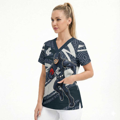 Carlton Blues Australian Football Scrub Top Superhero Mascot With Indigenous Pattern Art
