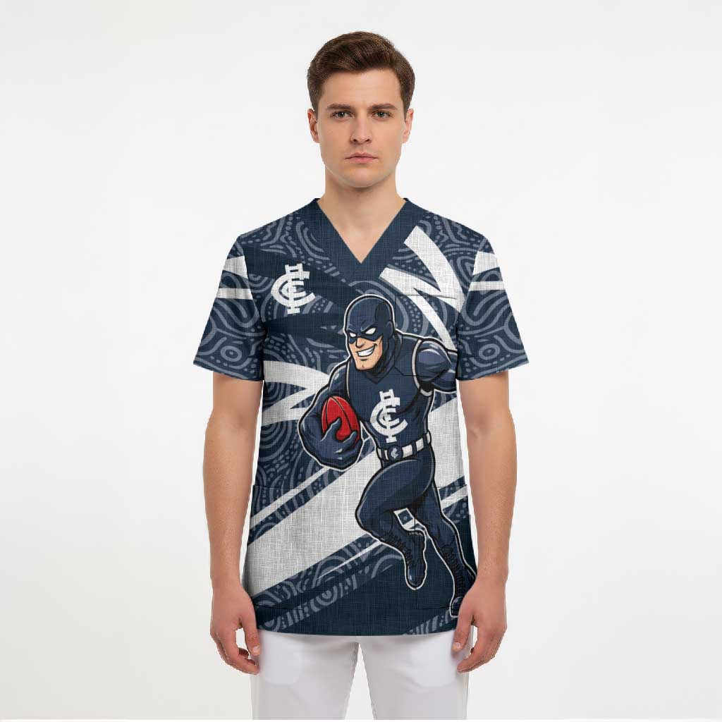 Carlton Blues Australian Football Scrub Top Superhero Mascot With Indigenous Pattern Art