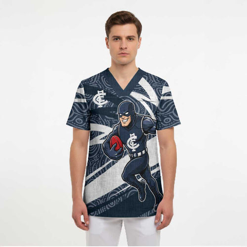 Carlton Blues Australian Football Scrub Top Superhero Mascot With Indigenous Pattern Art