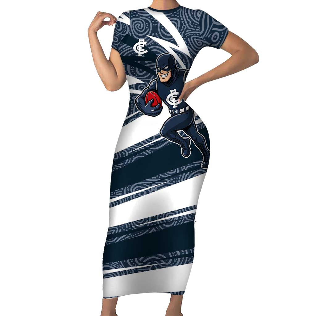 Carlton Blues Australian Football Short Sleeve Bodycon Dress Superhero Mascot With Indigenous Pattern Art