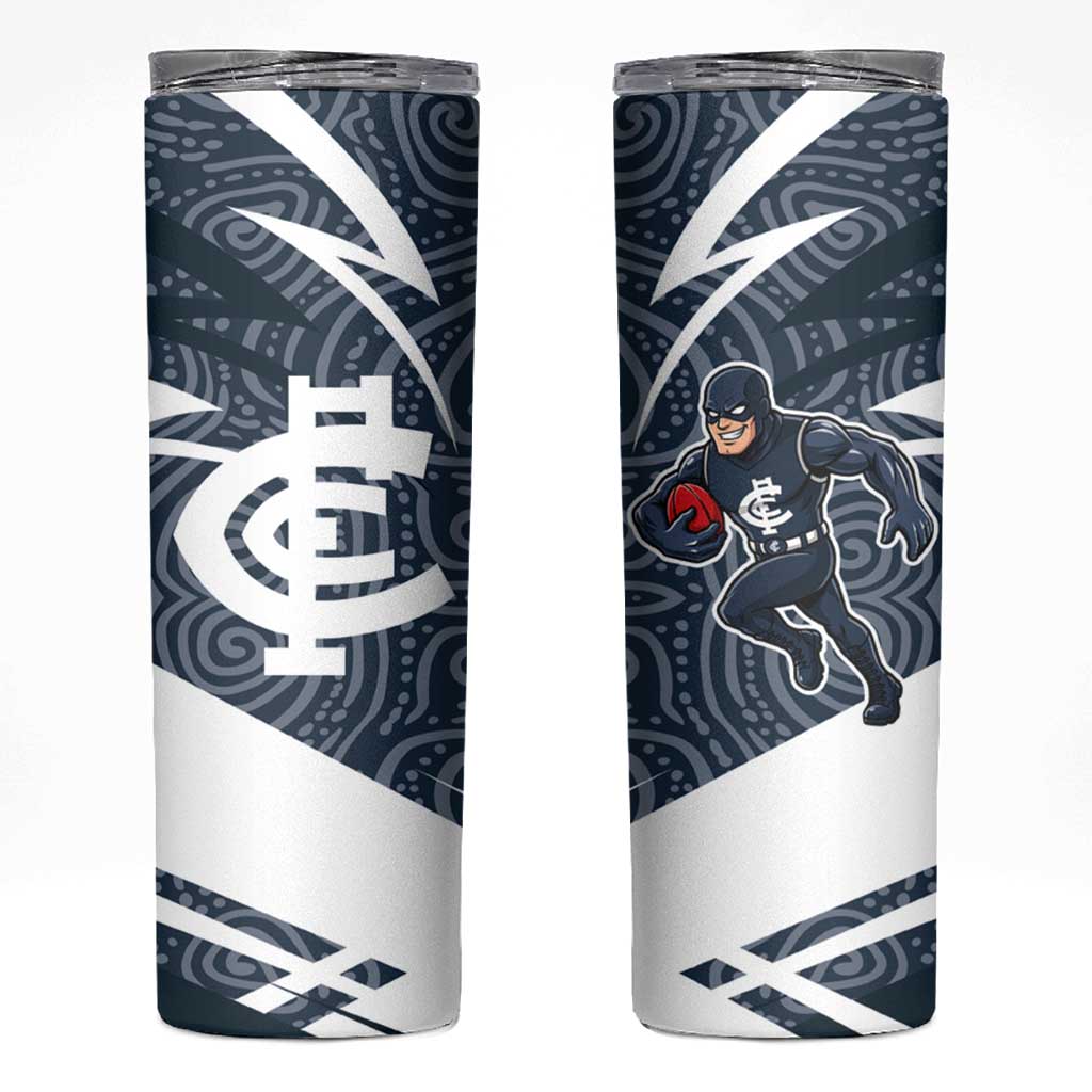 Carlton Blues Australian Football Skinny Tumbler Superhero Mascot With Indigenous Pattern Art