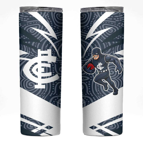 Carlton Blues Australian Football Skinny Tumbler Superhero Mascot With Indigenous Pattern Art