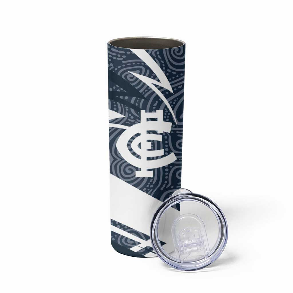 Carlton Blues Australian Football Skinny Tumbler Superhero Mascot With Indigenous Pattern Art