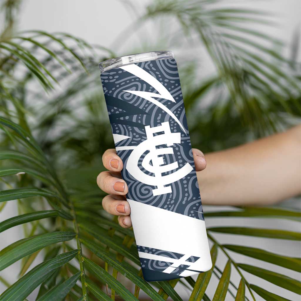 Carlton Blues Australian Football Skinny Tumbler Superhero Mascot With Indigenous Pattern Art