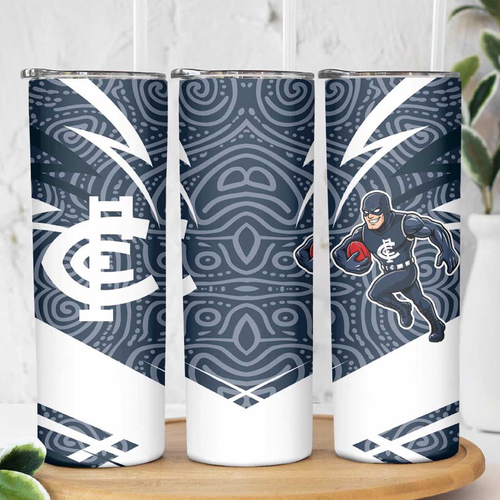 Carlton Blues Australian Football Skinny Tumbler Superhero Mascot With Indigenous Pattern Art