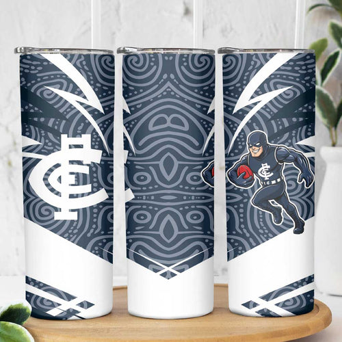 Carlton Blues Australian Football Skinny Tumbler Superhero Mascot With Indigenous Pattern Art