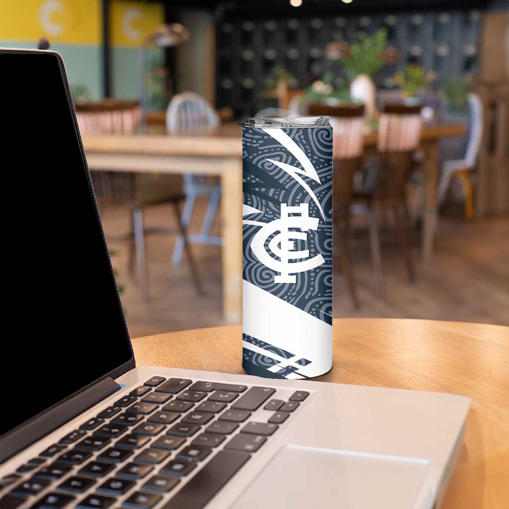 Carlton Blues Australian Football Skinny Tumbler Superhero Mascot With Indigenous Pattern Art