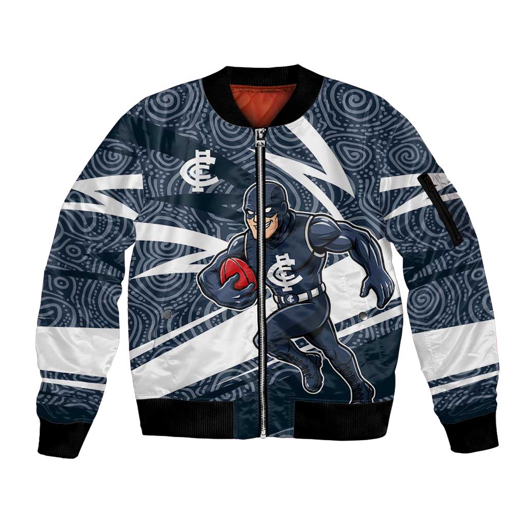 Carlton Blues Australian Football Sleeve Zip Bomber Jacket Superhero Mascot With Indigenous Pattern Art
